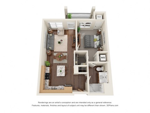 Floor plan for 1 bed, 1 bath, 723 sqft